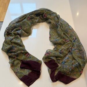 Hummingbird Japanese Floral Green and Burgundy Bordered Women's Scarf